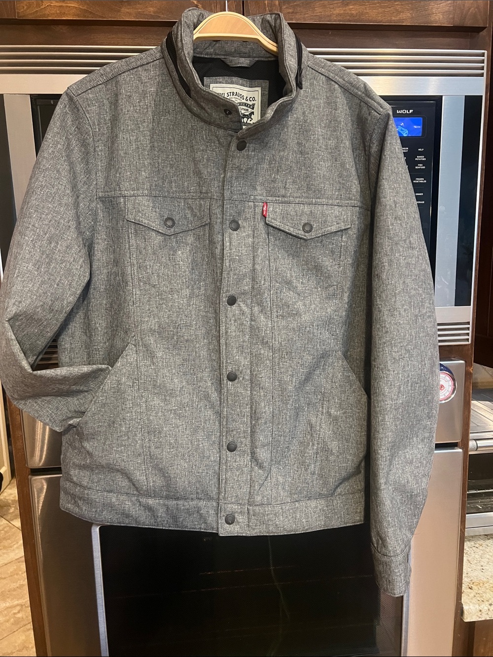 LEVIS MENS HOODED TRUCKER SOFTSHELL FULL ZIP JACKET WATER RESISTANT HEATHER GRAY